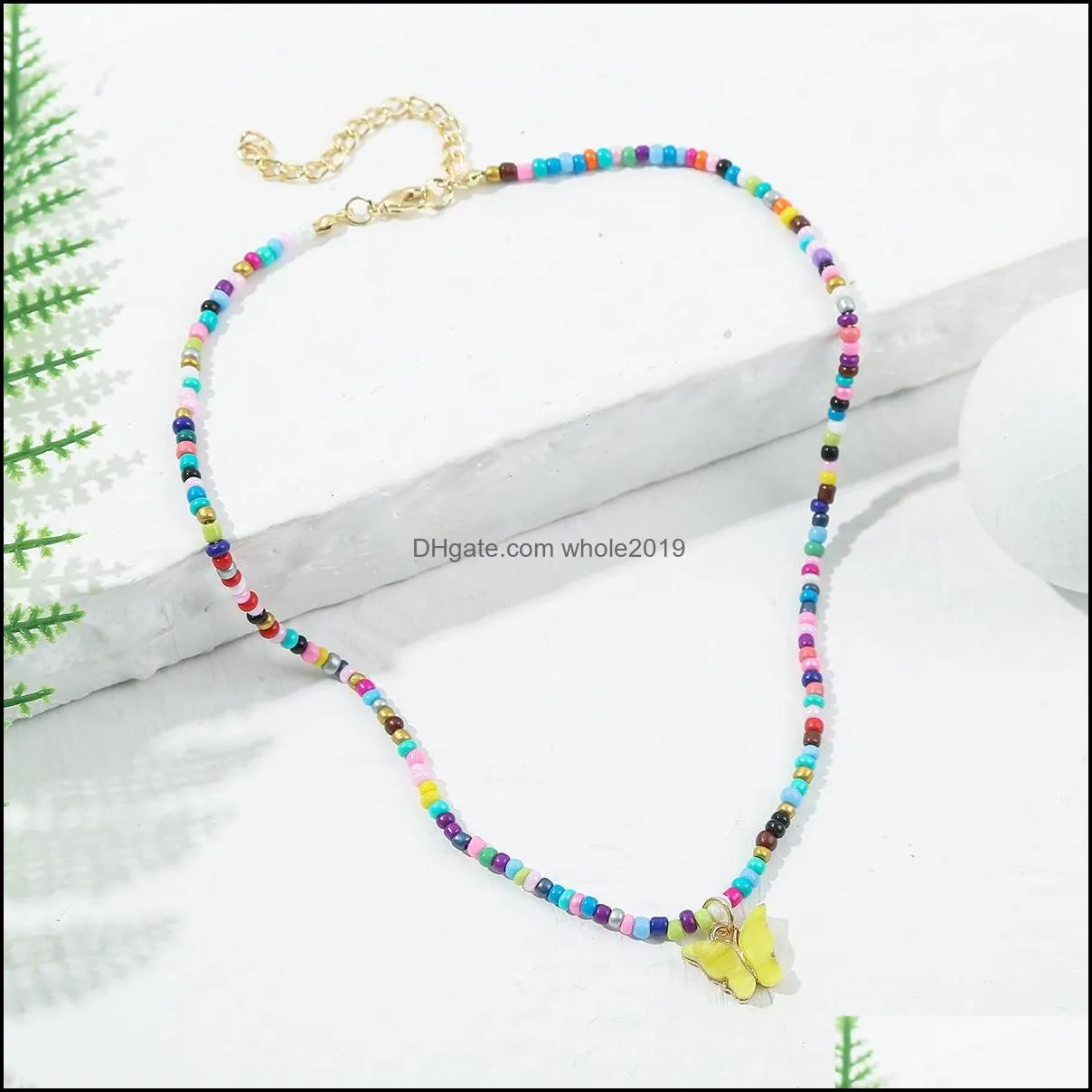 4color bohemia acrylic resin butterfly pendant rice beads necklace for women party summer jewelry gift 2021
