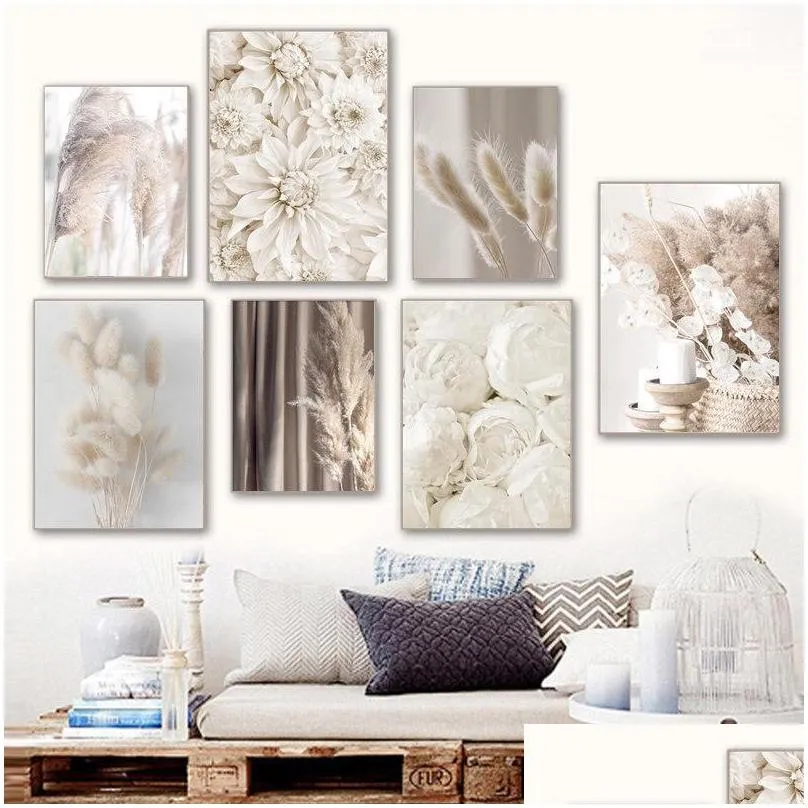 paintings beige reed dried flower canvas painting posters and prints wall art picture modern living room decoration