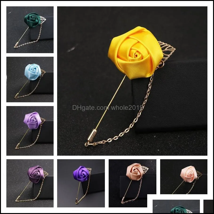 mixed color men rose flower golden leaf fashion brooch pin suit lapel wedding boutonniere broochs gift jewelry