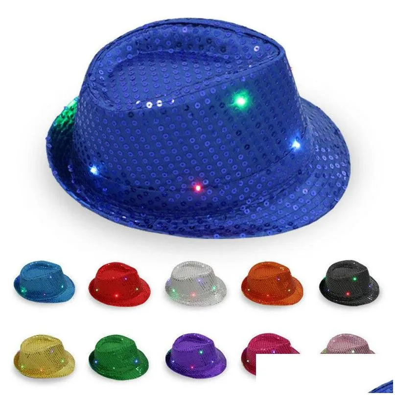 party hats mens flashing light up led fedora trilby sequin fancy dress dance party hat for stage wear