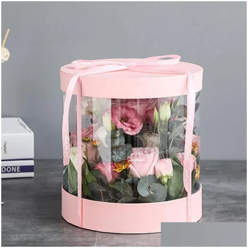 round flower paper boxes hug florist flowers bucket transparent pvc cake gift box ladies presents paper packing case lid party