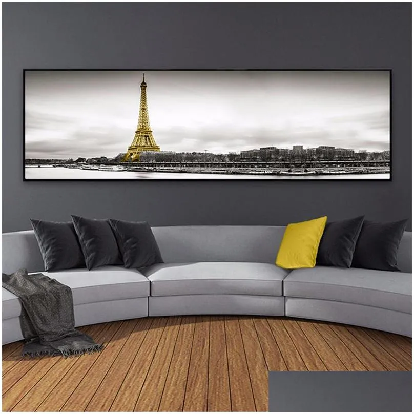 paintings sea yellow boat bridge tower posters and prints landscape pictures for home canvas painting wall art living room decoration