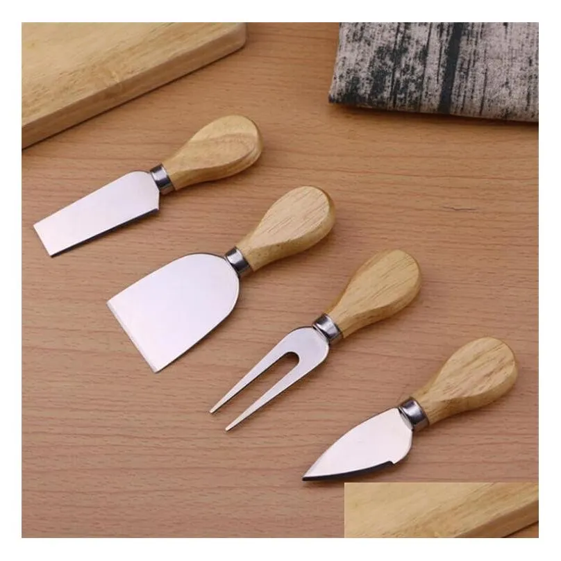 useful cheese tools set 4pcs/set oak handle knife fork shovel kit graters for cutting baking cheese board sets butter pizza slicer