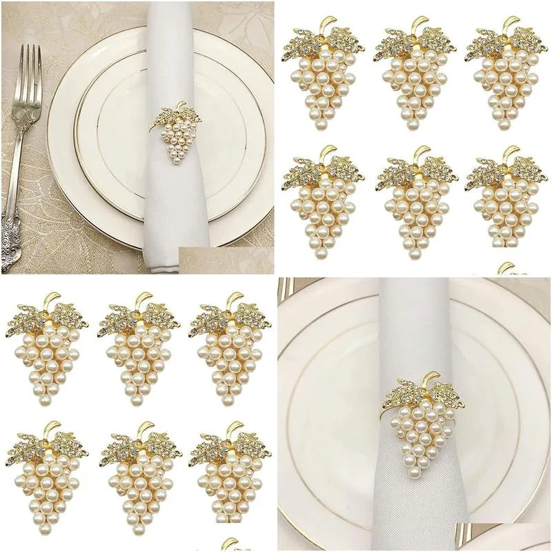 napkin rings grapes set of 6 with glittering imitation diamond and pearls inlay alloy ring holder