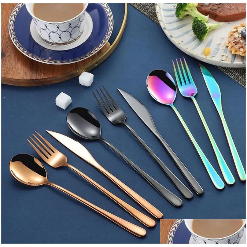 korean flatware sets stainless steel long handle knife fork spoon chopsticks set colorful flatware for wedding kitchen accessories