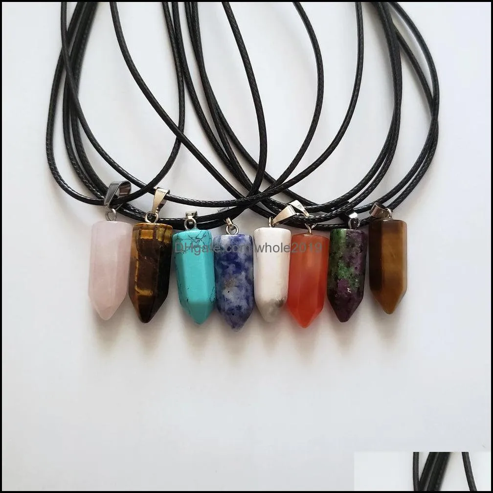 wholesale 24pcs mixed reiki hexagonal necklaces small crystal pendant natural stones pendants leather chains necklace fashion jewelry