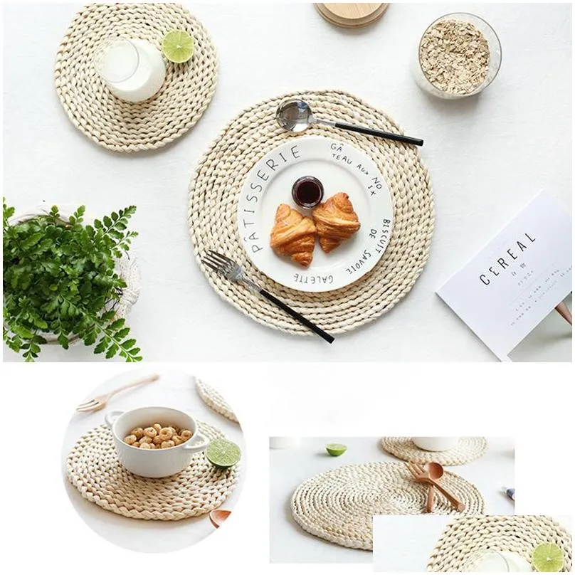 corn fur woven dining table mat heat insulation pot holder round coasters coffee drink cup table placemats mug