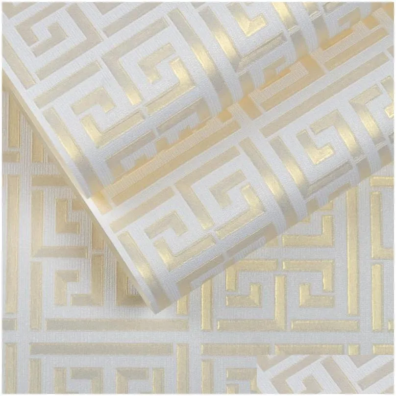 contemporary modern geometric wallpaper neutral greek key design pvc wall paper for bedroom 0.53m x 10m roll gold on white