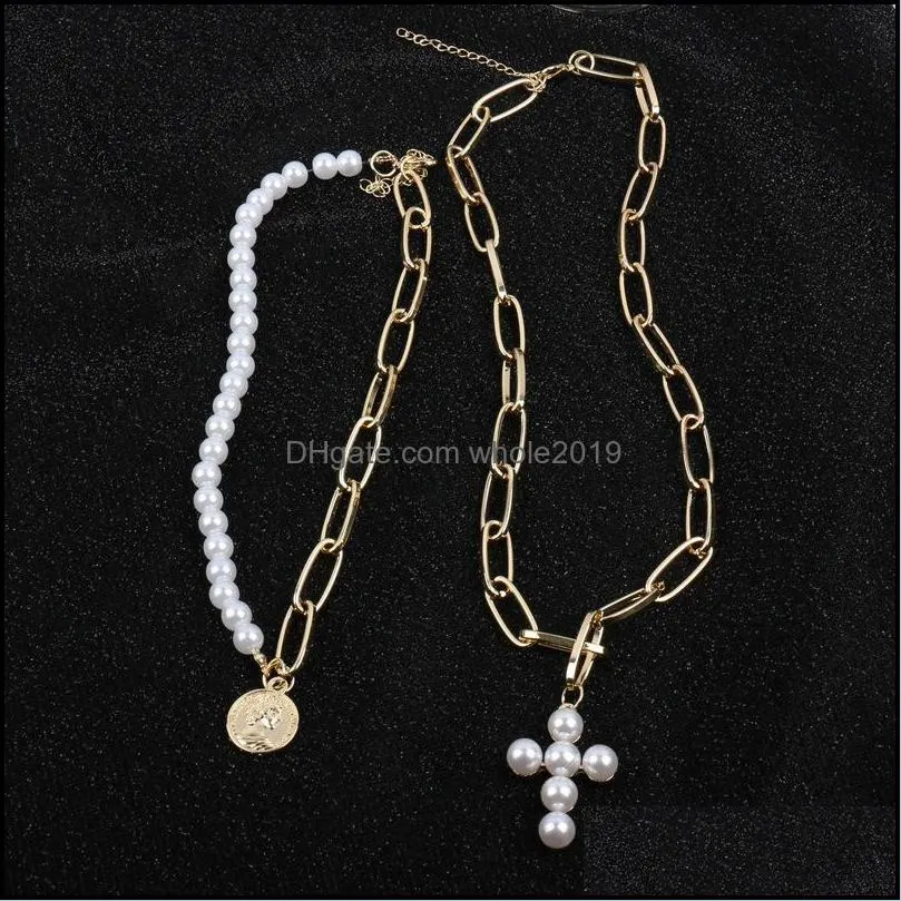 new design imitation pearls choker necklace female cross pendant necklaces for women girls fashion gold coin head jewelry