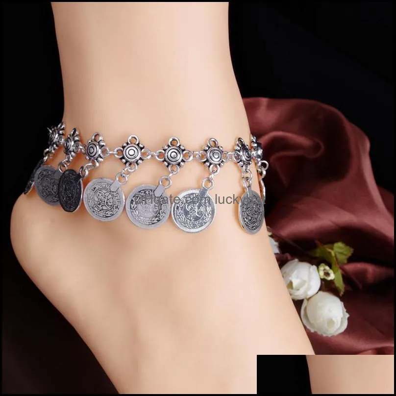 retro silver gold plated anklets coin tassels chain ankle anklet bracelet women beach anklets foot jewelry 2200 t2