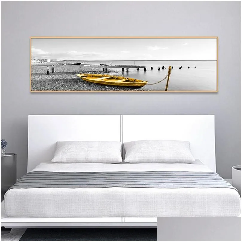 paintings sea yellow boat bridge tower posters and prints landscape pictures for home canvas painting wall art living room decoration