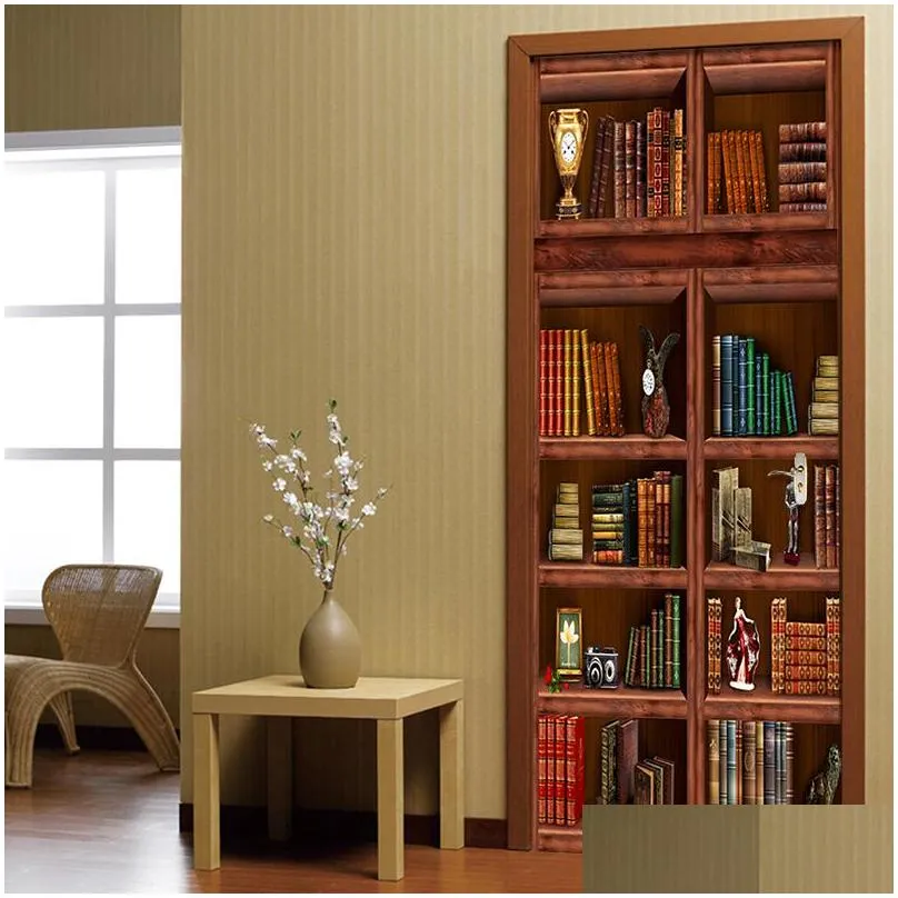 pvc self adhesive waterproof bookshelf mural wallpaper 3d chinese style doors renovation sticker living room study 3d door mural