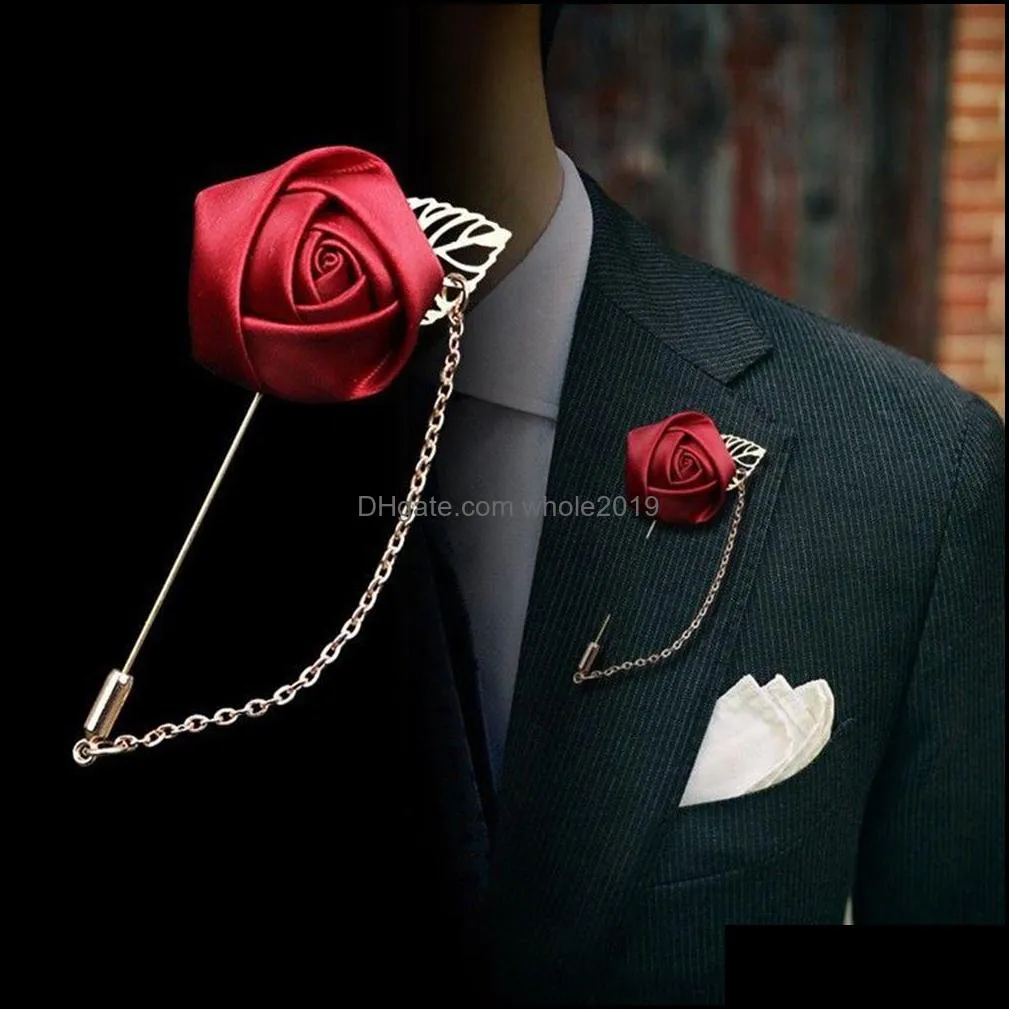 mixed color men rose flower golden leaf fashion brooch pin suit lapel wedding boutonniere broochs gift jewelry