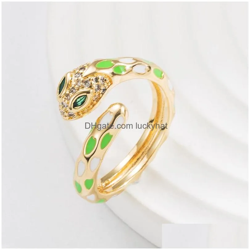 fashion jewelry copper 18k gold plated glaze enamel snake ring women zircon inlaid opening adjustable rings