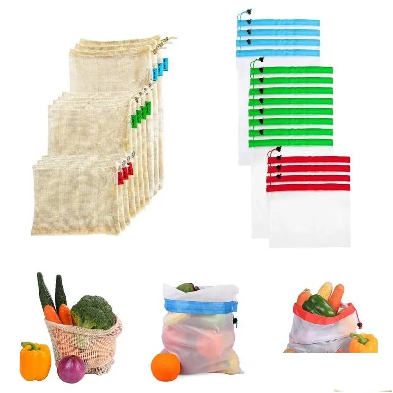 reusable cotton mesh grocery shopping produce bags ecofriendly polyester fruit vegetable bags hand totes home storage bag