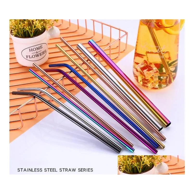 portable stainless steel straw set with brush reusable drinking straws colorful metal straw party wedding bar tool