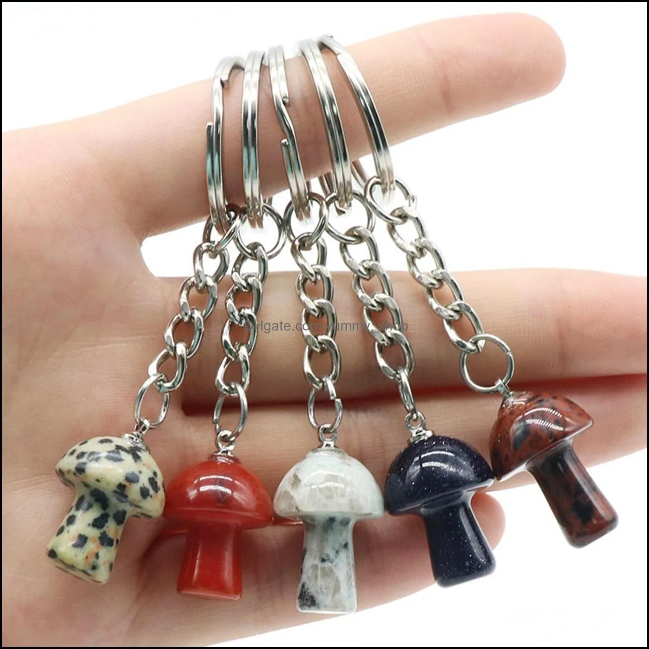 healing chakra gemstone mushroom pendant key rings for women men natural quartz crystal rock charm choker jewelry bags car keychain