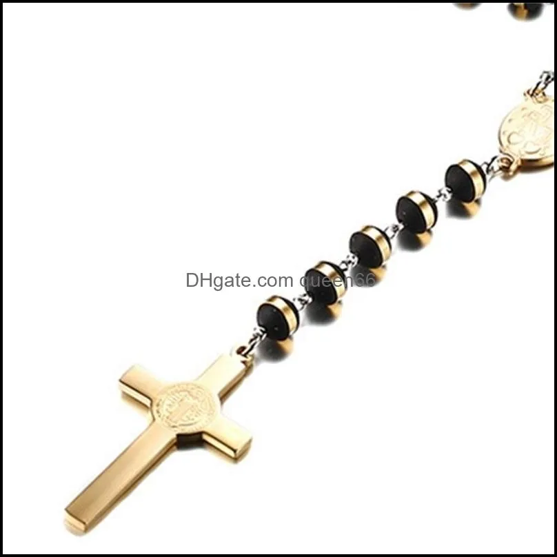 black/gold color long rosary necklace for men women stainless steel bead chain cross pendant womens mens gift jewelry 418 q2