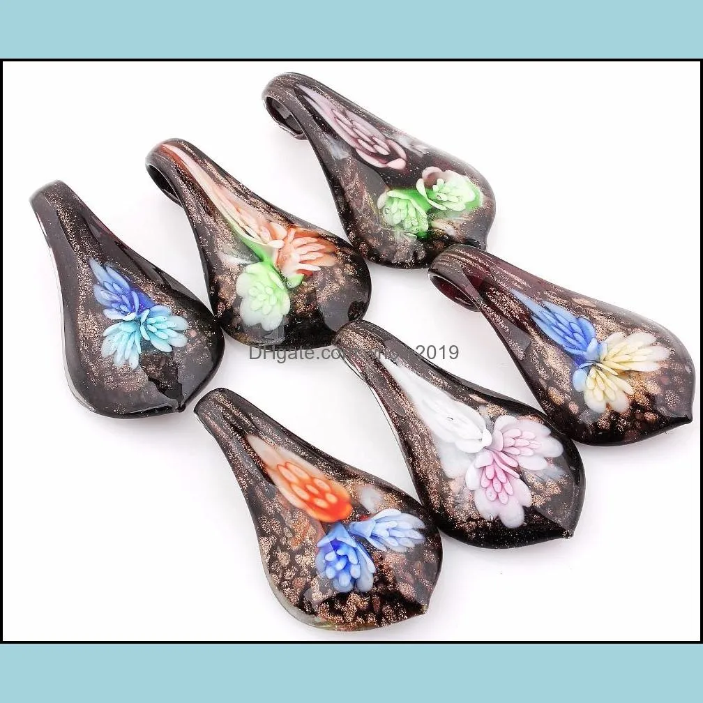 wholesale 6pcs waterdrop pendants handmade murano lampwork glass mix color drop flower pendant fit necklace thanksgiving gift