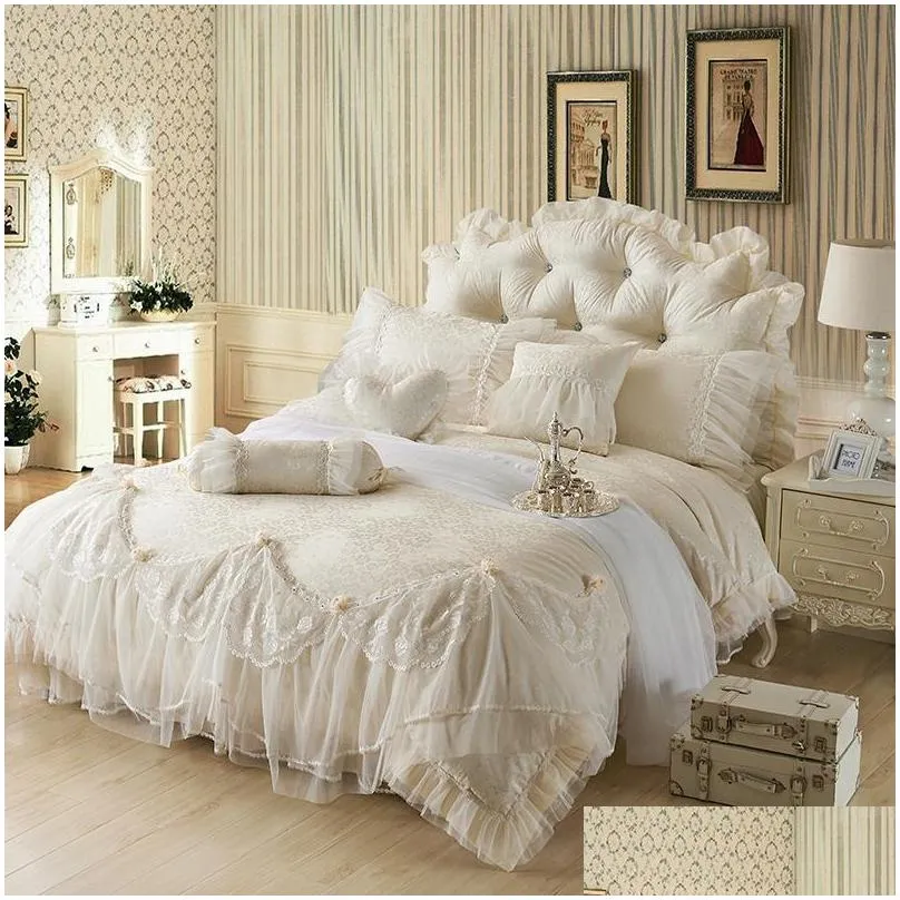 cotton jacquard lace princess bed set wedding bedding sets queen king size bedlinen sheet boho duvet cover set bedclothes