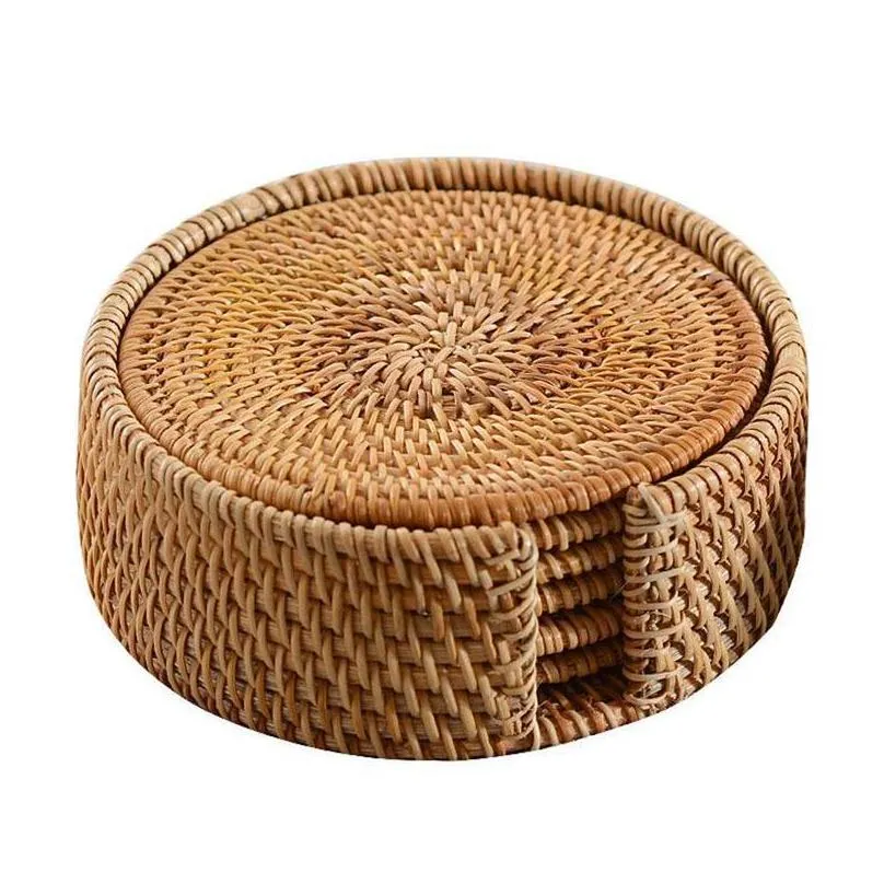 mats pads 6pcs handmade woven rattan cup coasters with basket nonslip placemat tea trays coffee mugs table mat insulation tableware