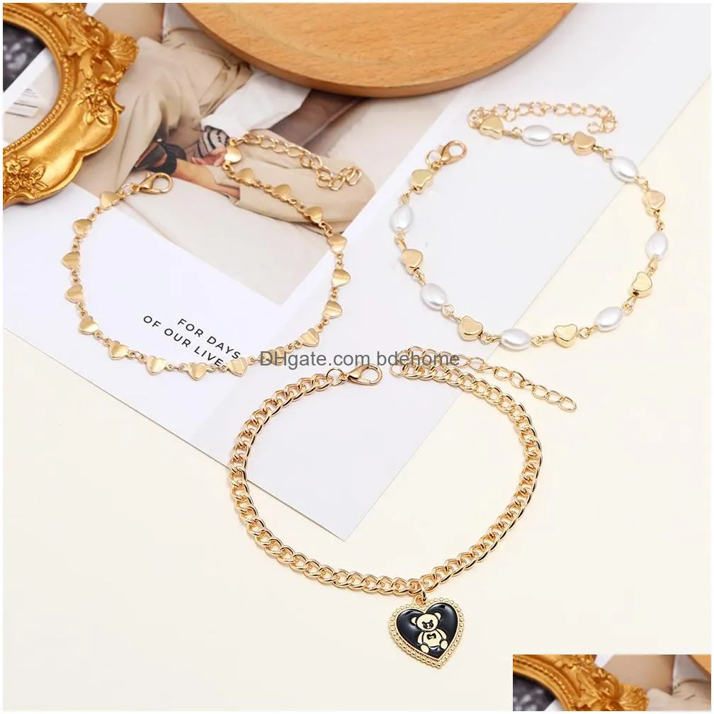 fashion jewelry women foot ornaments multilayer heart enamel bear pendant anklet heart faux pearls chain anklets 3pcs/set