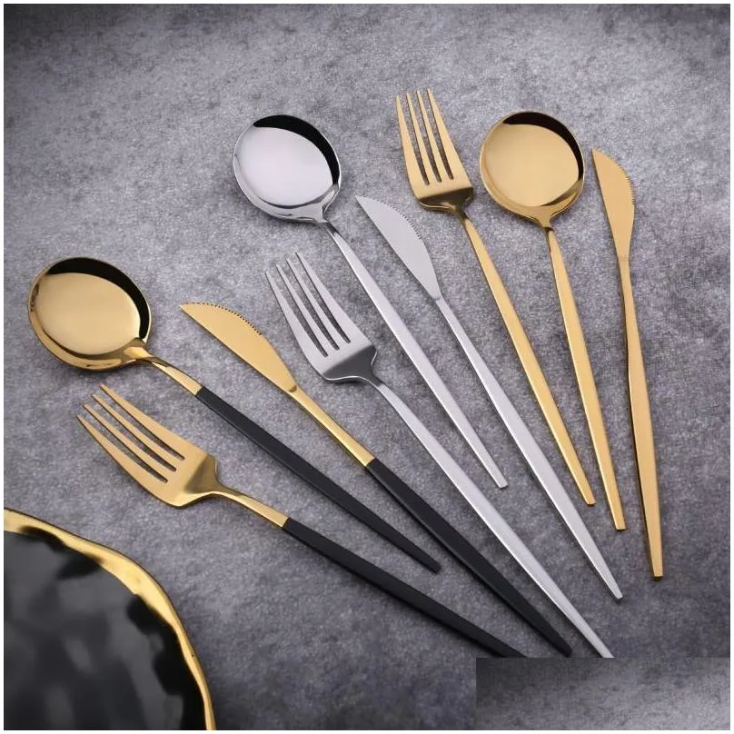 dinnerware sets 24pcs 18/10 stainless steel set black gold cutlery spoon fork knife western cutleri silverware tableware supplies