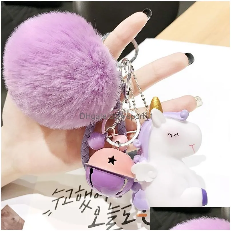 plush ball key rings for women faux fur cartoon bells bag car pendant wristlet keychain keyring