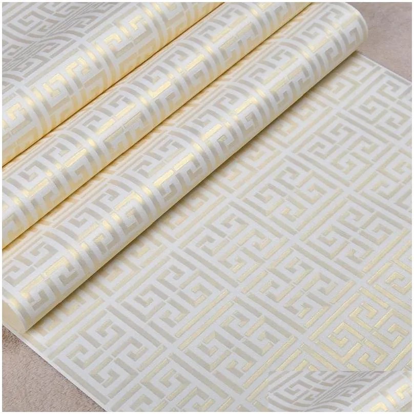 contemporary modern geometric wallpaper neutral greek key design pvc wall paper for bedroom 0.53m x 10m roll gold on white