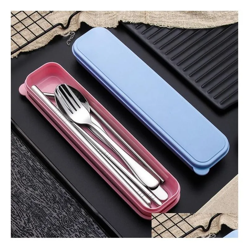 stainless steel flatware set portable cutlery set for outdoor travel picnic dinnerware set metal straw with box and bag kitchen