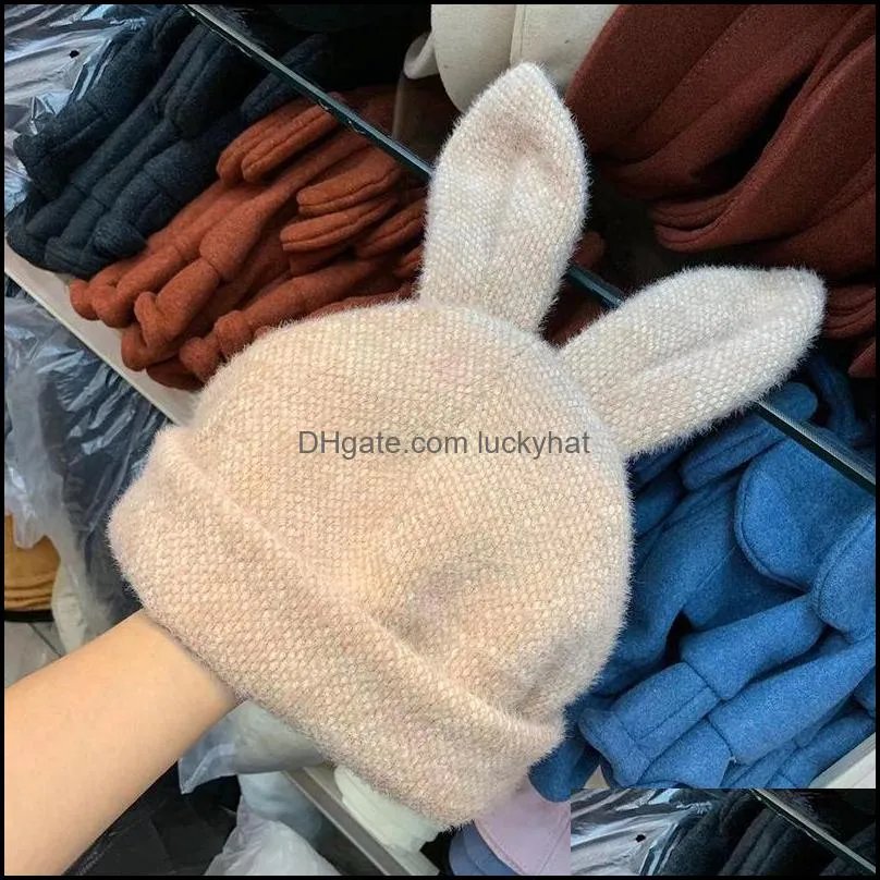 ear knock cute warm korean pure color imitation rabbit hair knitted hat winter