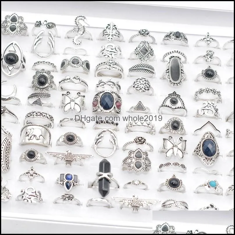 bulk lots 50pcs antique silver bohemia vintage rings women natural stone charm ethnic fashion party gifts jewelry accessory wholesale