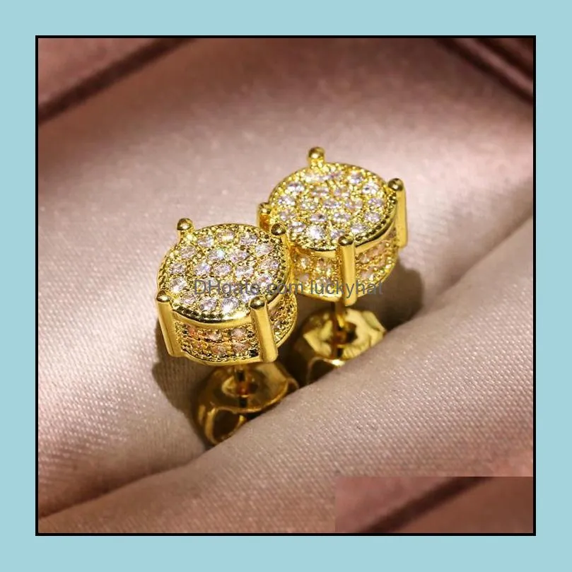 men women earrings studs yellow white gold plated sparkling cz simulated diamond hip hop for christmas gift 739 t2