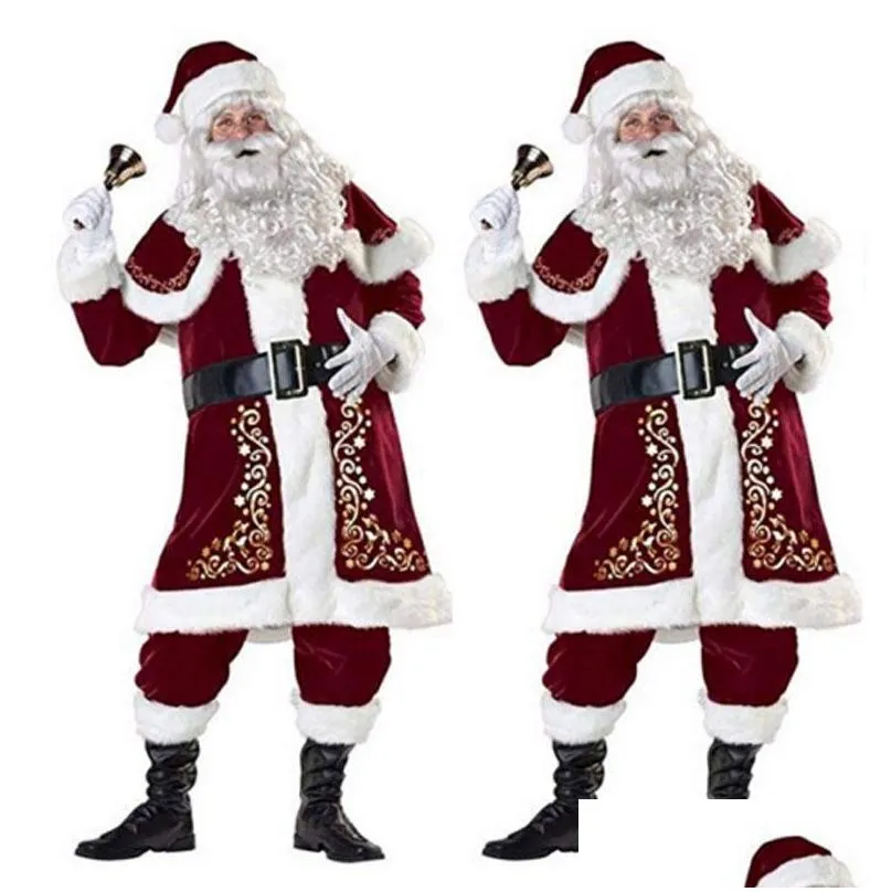 christmas decorations 9pcs velvet deluxe santa claus father cosplay suit costume adult fancy dress full set sets