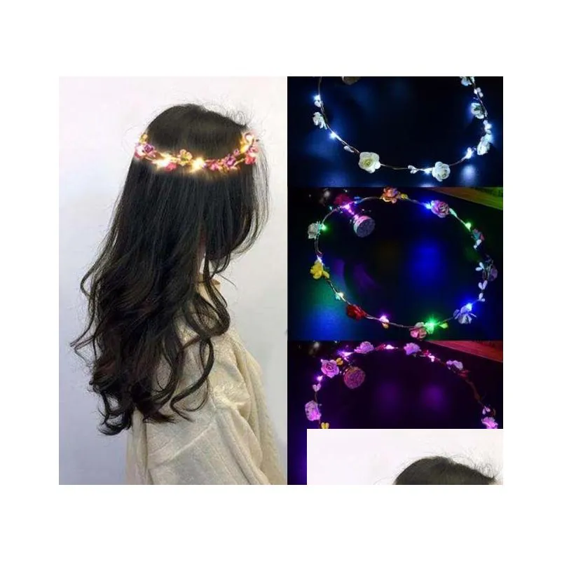 colorful christmas party glowing wreath halloween crown flower headband women girls led light up hair wreath hairband garlands