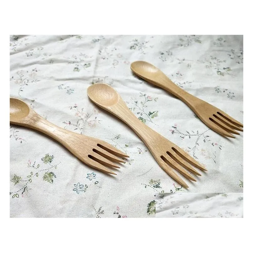 bamboo cutlery fork spoon 2 in 1 tableware portable flatware student picnic travel dinnerware ice cream spoon salad fork for kids