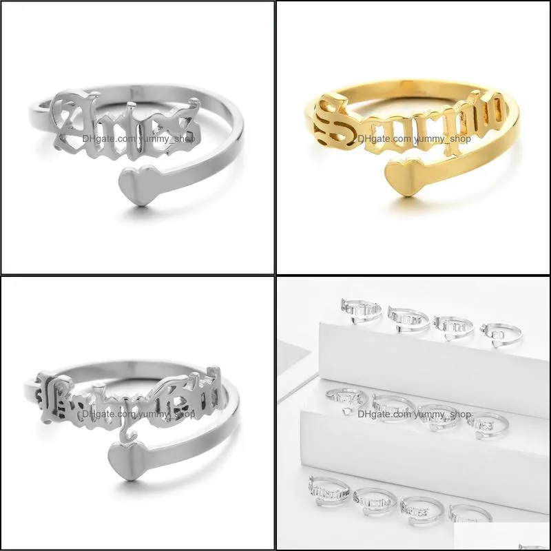 adjustable heart stainless steel rings 12 constellations letter ring for woman opening wedding zodiac finger ring birthday jewelry