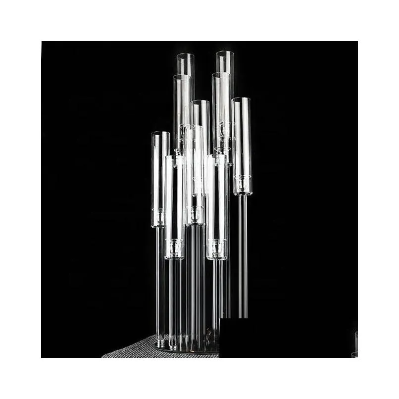 party decoration wholesale 10 arms long stemmed modern clear acrylic tube hurricane crystal candle holders wedding table centerpieces