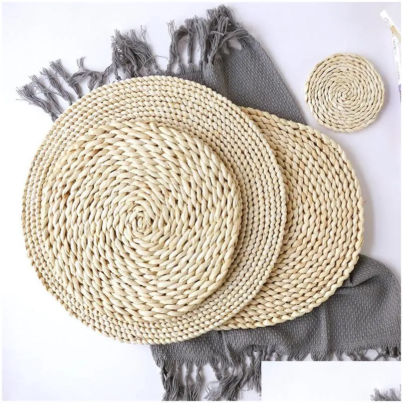 corn fur woven dining table mat heat insulation pot holder round coasters coffee drink cup table placemats mug