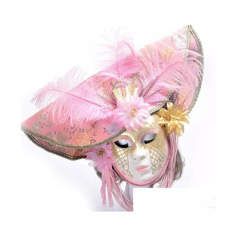 elegant venetian masks with feather flower hat full face masquerade party for women wedding cosplay props