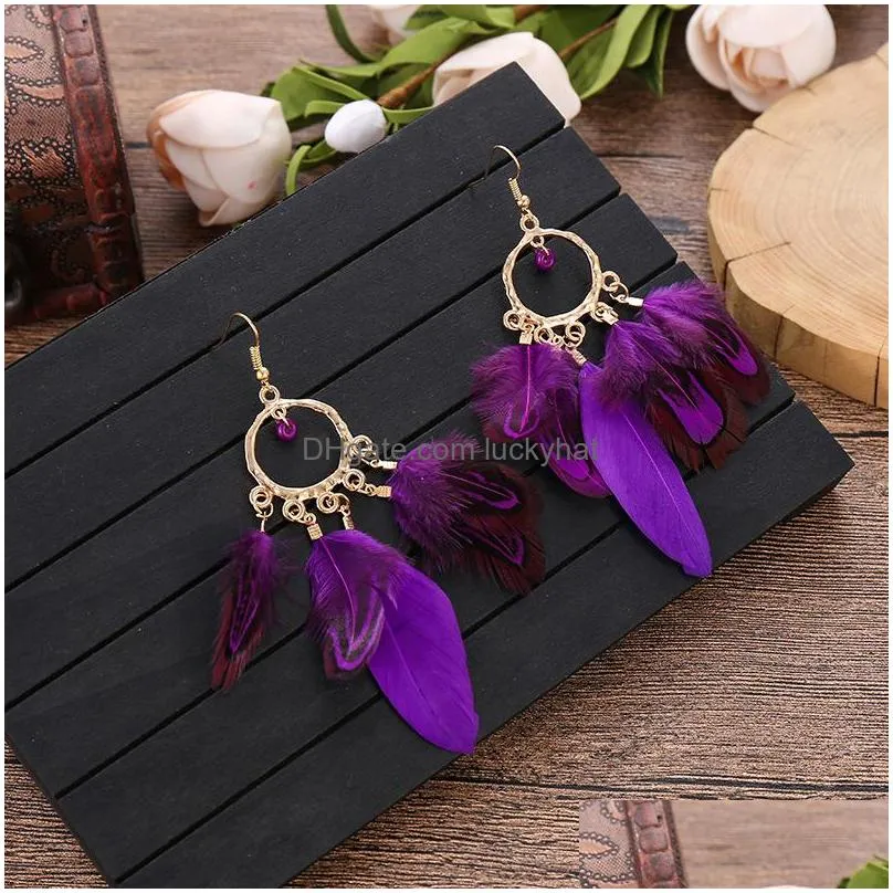 bohemian fashion jewelry womens feather tassels dangle earrings retro female ornaments colorful feather earrings