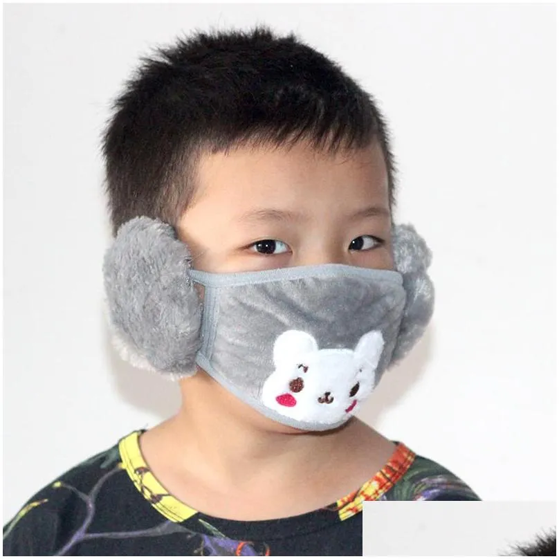 2 in 1 child cartoon bear face mask cover plush ear protective thick warm kids mouth masks winter mouthmuffle earflap masks