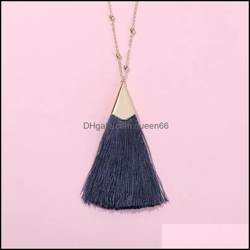 boho soft fan fringe tassel pendant long necklace gold polished metallic triange tassel pendant with beads stones long chain for women99