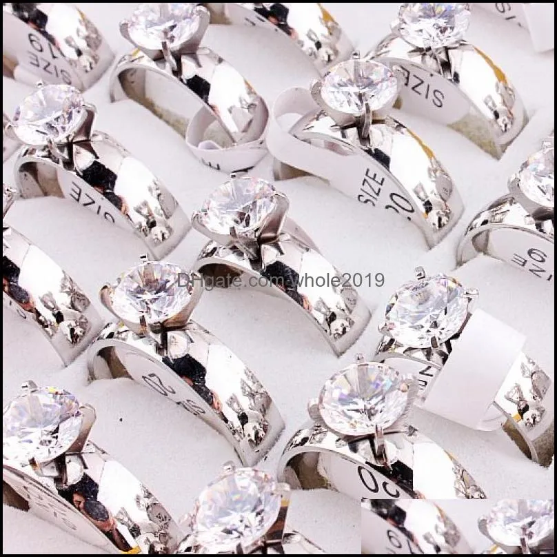 silver color luxury cz stone stainless steel ring zircon rings for women men couple lover jewelry wholesale 36pcs