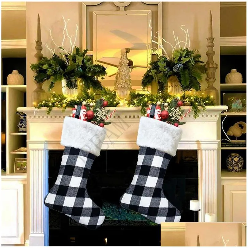 plaid christmas stocking gift bag xmas tree ornament socks santa candy home party xmas decorations