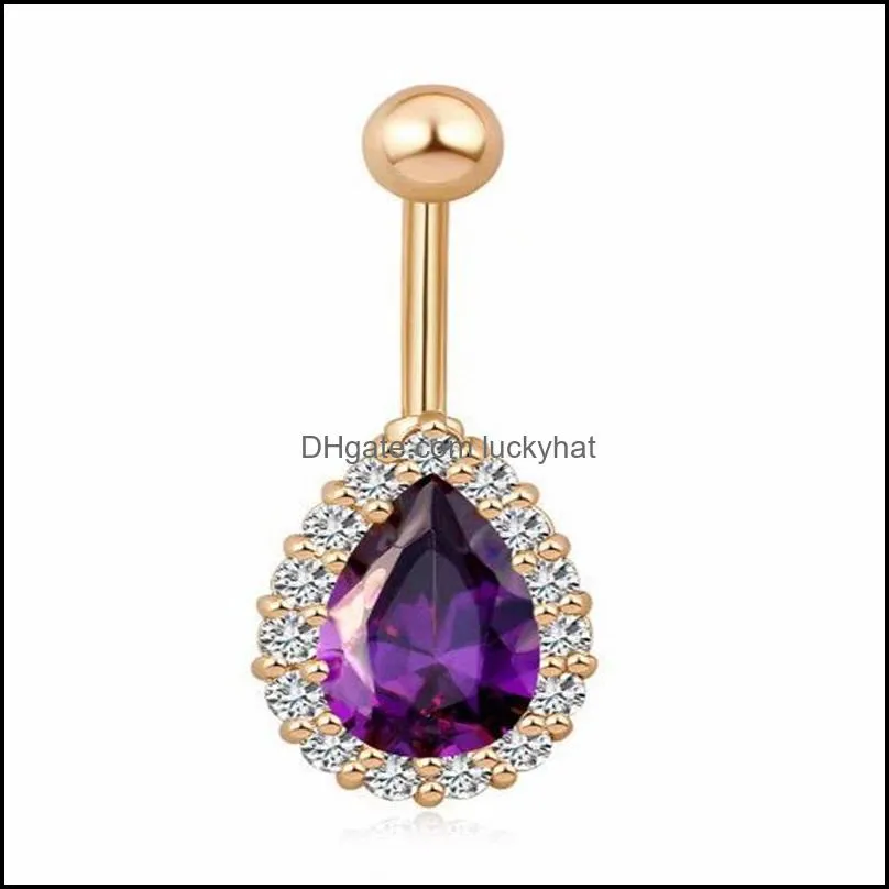 zircon diamond inlay navel rings multicolor water drop puncture jewelry umbilical nail medical steel dance belly ring accessories 4tx