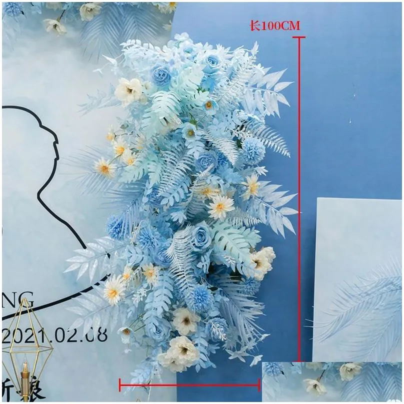 decorative flowers wreaths blue series wedding floral arrangement artificial flower row table road lead t stage backdrop corner ball