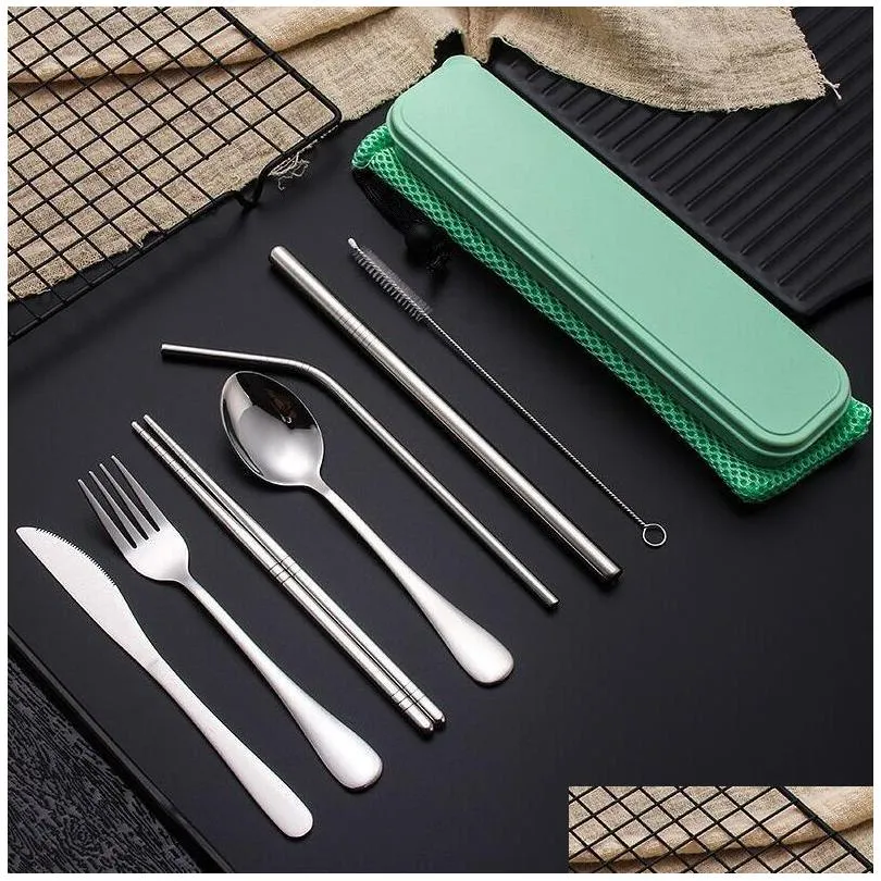stainless steel flatware set portable cutlery set for outdoor travel picnic dinnerware set metal straw with box and bag kitchen