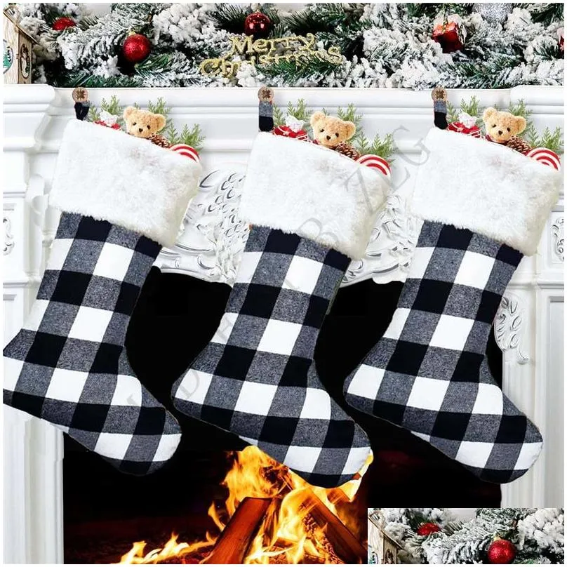 plaid christmas stocking gift bag xmas tree ornament socks santa candy home party xmas decorations