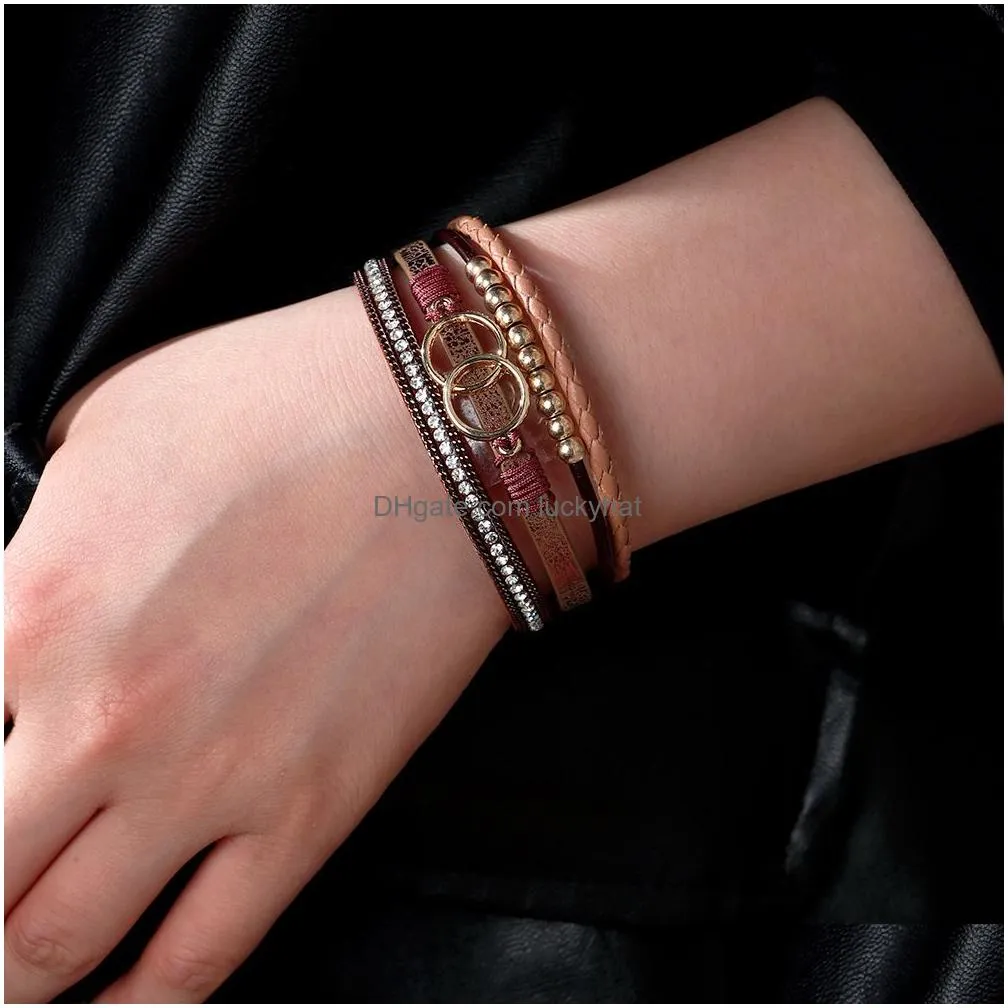 fashion jewelry pu leather bracelets for women beaded multi layer handwoven bracelet